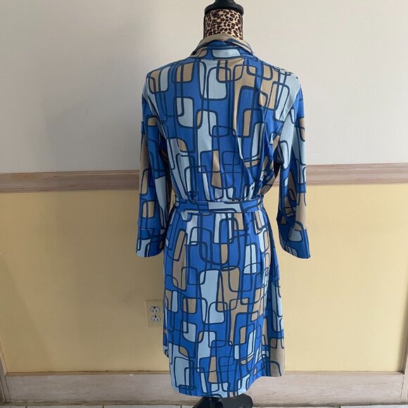 J McLaughlin Women Blue Tan White Button Down‎ Collared Geometric Print Dress K3 - Picture 2 of 4